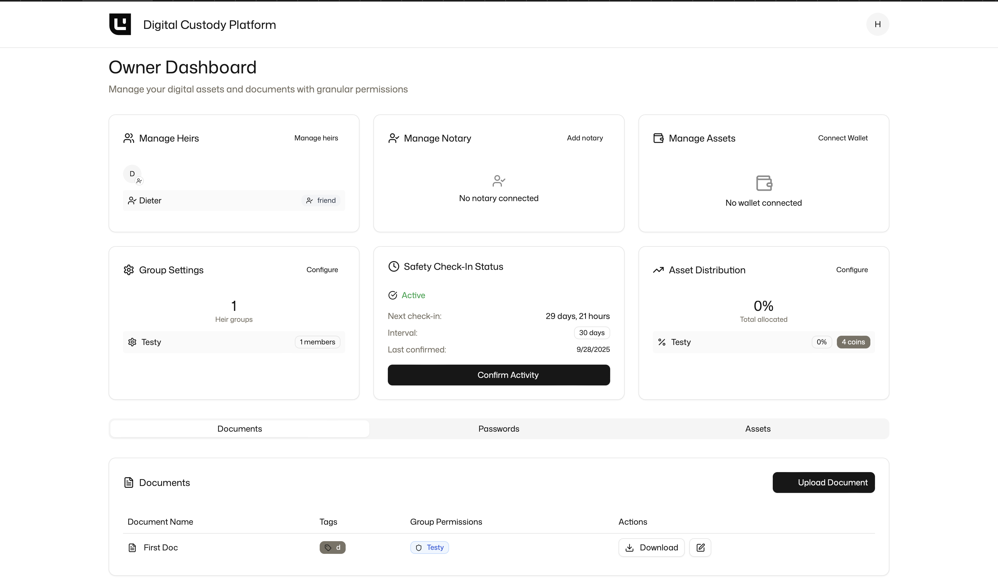 SecureLegacy dashboard
